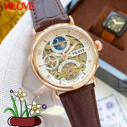 Casual Fashion Men's Gentleman Watch British Style Trend Design Personality Clock Leather Pin Buckle Simple Flywheel Hollow Mechanical Movement Wristwatch