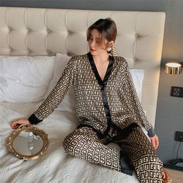 2pc's Pyjamas Sets Woman Pyjama Summer V Neck Design Suit Long Sleeve Trousers Set Home Clothes Sexy Satin Silk Pijamas 220421