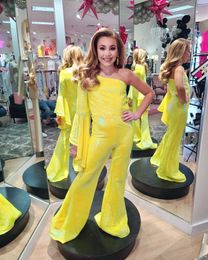 Yellow Girl Pageant Dress Jumpsuit 2023 Sequins Romper Bell Sleeves Little Kid Birthday One-Shoulder Formal Party Gown Toddler Teens Preteen 70's vibes Lilac