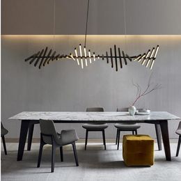 Pendant Lamps Nordic Long Bar Art Fish Bone Changelier Creative Rotate Head Black /White Restaurant Palor Gallery Deco Suspension LightPenda