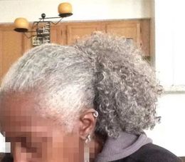 Silver Grey hair Kinky culry Ponytail hair extension Real Brazilian Remy Hairs Pony tail afro puff Clip In Drawstring Ponytails 120g