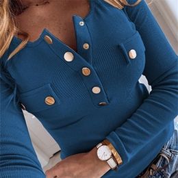 Women Autumn Knitted Sweater O Neck Pullover Long Sleeve T shirt Loose Leisure Elegant Buttons feminina Tee Female Tops 220408