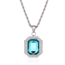 Unisex Stainless Steel Pendant Necklace Square Sapphire Cubic Zirconia Hiphop Style with 60cm Chain for Women Men