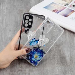 360 Metal Finger Ring Holder Cases for Samsung S22 PLUS A13 A33 A53 A73 A22 S21FE S21 S20 A32 A52 A72 Bling Glitter PC TPU Hybrid Butterfly Flower OWL Shockproof Cover