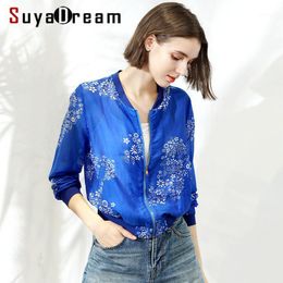 Women's Jackets SuyaDream Blue Floral Printed Casual Zipper Placket Women Short Jacket 25%Silk 75%Cotton 2022 Autumn Shirt