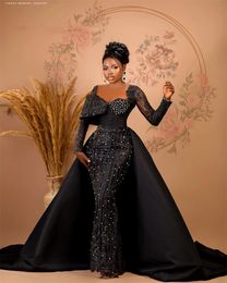 Luxury Aso Ebi Black Mermaid Evening Dresses 2022 With Overskirt For African Women Long Sleeves Formal Beaded Prom Party Gowns