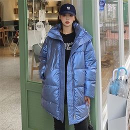 Winter Women Long Jacket Shiny Thick Oversized Female Cold Coat Stand Collar Solid Loose Cotton Padded Casual Parkas Woman 201127