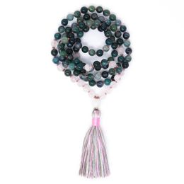 Chains Moss A-gate Mala Prayer Beads Long Tassel Necklace 108 Knotted Natural Stone Yoga Jewelry Gift For WomenChains