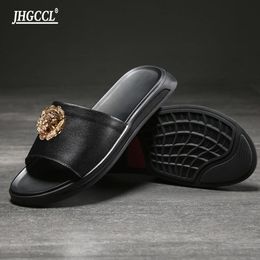 Top quality Men's slipper brand designer cowhide smoking slipper new style casual slipper Outdoor sandal P7