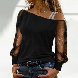 Plus Size Spring Autumn Women's Tees Fashion Mesh Long Sleeve Fashion Slash Neck Off Shoulder Solid Color Top T-shirt 220408