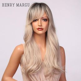 -Synthetische Perücken Henry Margu Langes natürliche wellige blonde dunkle Wurzelhaar -Cosplay für Frauen hitzebeständige Faser Tobi22