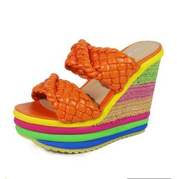 Summer sponge cake Colour women's shoes straw wedged sandals Women's summer new high heels fish mouth Roman rainbow shoe