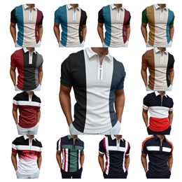 Yaz Şerit Birleştirme Baskı Golf Polos Tişörtü Erkekler İnce Fit Fermuar Kazeli Kısa Kollu Uyum Polo Tshirt Pls-88