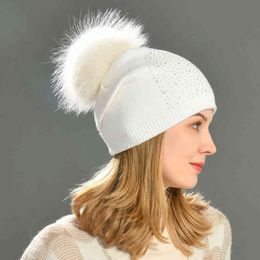 Women Real Fur Pompon Hat Female Flat Warm Knit Beanie Hat Natural Raccoon Fur Pom Hat Winter Hats with Fur Pompom J220722