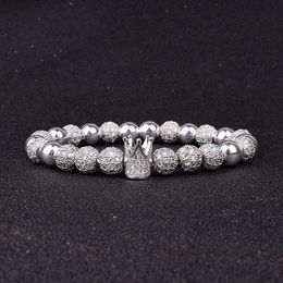 Luxury Silver color Zircon Crown Ball Bracelet Homme Fashion Hematite Bead Healing Bracelets for Men Women Jewelry Gift pulseira