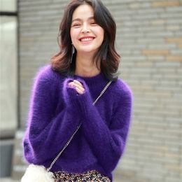 2020 Winter New Mink Cashmere Sweater Round Neck Pullover Angora Loose Temperament Purple Lazy Knitwear Woman LJ201113