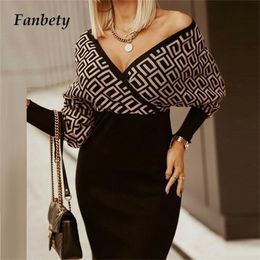 Women Elegant Striped Printed Bodycon Dress Sexy Deep V Neck Party Dress Winter Office Lady Autumn Casual Long Sleeve Slim Dress 220316