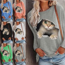 Plus Size Women T Shirt Tops Cute Litten little Cat Printed T-shirt Long Sleeve O-neck T-shirts Autum Pullover Casual Shirts S-5XL Thin
