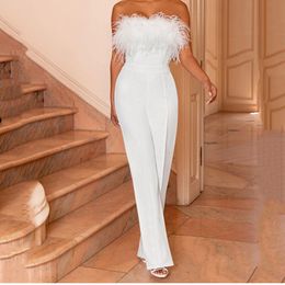Elegant Feather Patchwork Lace-up Office Jumpsuit Summer New Women Solid Romper Overalls Sexy Sleeveless Wrap Wide Leg Playsuit