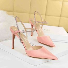 pink closed toe heels UK - BIGTREE Summer Luxury Women Silk Pink Green Heels Sandals 9.5cm High Heels Sandals Closed Toe Sandals Bling Crystal Wedding Shoe G220520