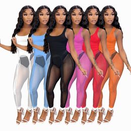2022 Mesh See Through Tracksuits For Womens Solid Sleeveless Vest Sling Tops And Casual Pants Nightclub Sexy Two Piece Sets W8280