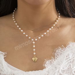 Vintage Simple Metal Heart Pendant Necklace Women 2022 Imitation Pearl Beaded Necklaces Girls Charm Fashion Wedding Jewellery
