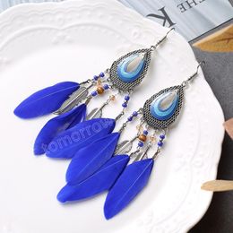 Women's Red Drop Leaf Feather Earrings Jewelry Summer Long Crystal Beads Tassel Earrings Bohemian Holiday Jewelry