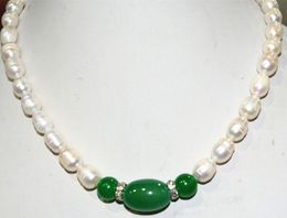 Chains Natural 9-10mm White Akoya Cultured Pearl & 10x14mm Green Agate Necklace 16-25''Chains