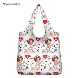 Nopersonality White Cartoon Doctor Nurse Print Shopping Bag Eco Friendly Folding Pouch Foldable Storage Shoulder Handbags 210302
