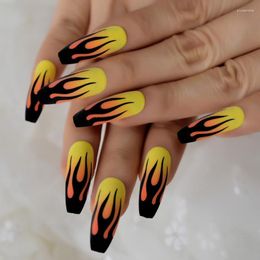 False Nails Long Fire Coffin Nail Tips Flame Yellow Full Ballerina Matte Unique Cool Sets 24Ct Prud22