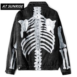 Graffiti Skeleton Bones Print Denim Jacket Streetwear Men Hip Hop Punk Rock Denim Jean Coats Fashioin Casual Jackets 201116