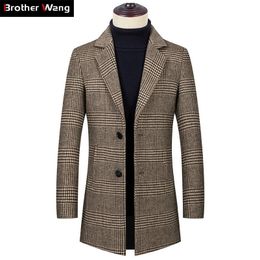 Winter New Men s Houndstooth Wool Coat Fashion Casual Thicken Slim Fit Long Overcoat and Jacket Male Brand Coffee Plaid LJ201110