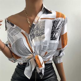 Women Fashion spaper Print Shirt Lady Long Sleeve Blouse Tied Button Design Casual Shirts 210716