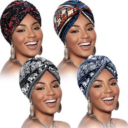 Bohemian Turban Hat for Women Soft Pre Tied Knot Fashion Print Pleated Hijabs Bonnet Beanie Headwrap Sleep Caps