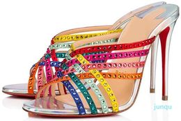 2022-Women's sandals high heel Woman Martha strass 100mm Crystal-embellished Rainbow Straps Leathers Slide Sandals