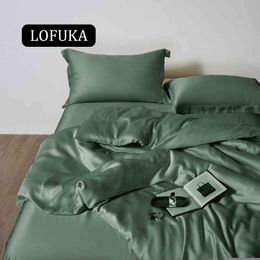 Lofuka Luxury Women Green 100% Silk Bedding Set Silky Duvet Cover Queen King Sheet Pillowcase Linen for Deep Sleep
