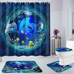 Ocean Dolphin Polyester Shower Curtain Set Waterproof Bathroom Curtains Pedestal Rug Lid Toilet Cover Bath Mat Set Bathroom Deco 210402