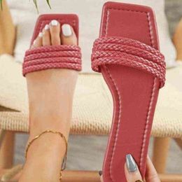 Slippers Women's Shoes Summer Beach Slides Thin Belt Braided Hollow Holiday Ladies Large Size Outer Wear Female Flip Flops 220530