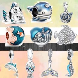 925 bracelet charms for Pandora charm set Original box Blue Mermaid Whale Dolphin Clownfish Fish Tail European Bead necklace charms Jewellery