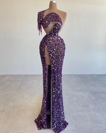 Shiny Purple Prom Dresses Sequins One Shoulder Tassel Evening Dress Custom Made Sexy High Split Sleeveless Floor Length Party Gown