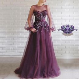 formal dresses for parties Canada - Party Dresses Dubai Arabic Evening 2022 O-Neck Appliques Belt A-Line Long Sleeves Prom Gown Tulle Purple Formal Dress