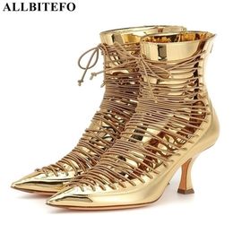 ALLBITEFO Microfiber genuine leather women boots fashion sexy cross tied golden womens ankle boots motocycle boots 201103