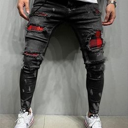Men's Skinny Ripped Jeans Fashion Grid Beggar Patches Slim Fit Stretch Casual Denim Pencil Pants Painting Jogging Trousers Men 220408
