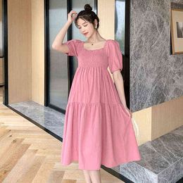 French Style HubbleBubble Sleeve Pregnant Women Dress Solid Color Square Collar Stretched Busty Maternity Empire Dress Elegant J220628