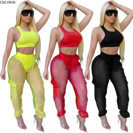 Women Two Pieces Sets Summer Tracksuits Mesh Perspective TopsPants Suit Jogger Sporty Fitness Outfits 2 Pcs Street GL2837 210302