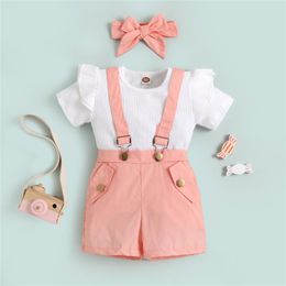 Clothing Sets Kids Girls Summer Casual Clothes Toddler White Ruffle Short Sleeve T-Shirt Tops Solid Colour Suspender Shorts HeadbandClothing