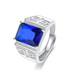 Silver Men's Rings Royal Sapphire Gemstone Jewelry Accessories Open Adjustable Carved Ring Wedding Party Gift