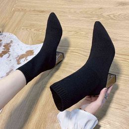 2022 New Luxury Sexy Women Boots Ankle High-heel Shoes Woman Stretch Fabric Knee-High Pointed Socks Shoes Ladies Shoes Y220729