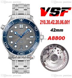 VSF V2 Diver 300M A8800 Automatic Mens Watch Blue Ceramics Bezel Gray Wave Texture Dial Stainless Steel Bracelet 210.30.42.20.06.001 Super Edition Puretime 11A1