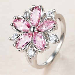 Cute Female Pink Crystal Stone Ring Charm Silver Colour Thin Wedding s For Women Dainty Bride Flower Zircon Engagement 220719